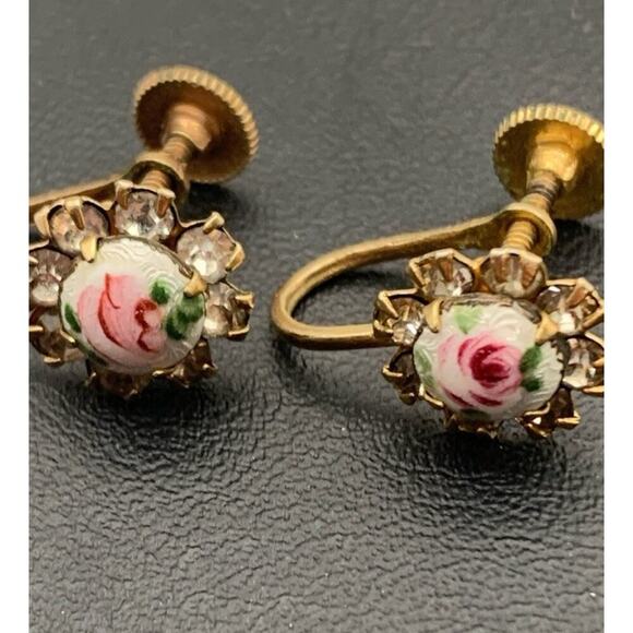 Vintage 50s Goldtone Guilloche Enamel Rose Rhinestone Floral Screw Back Earrings - Picture 2 of 6